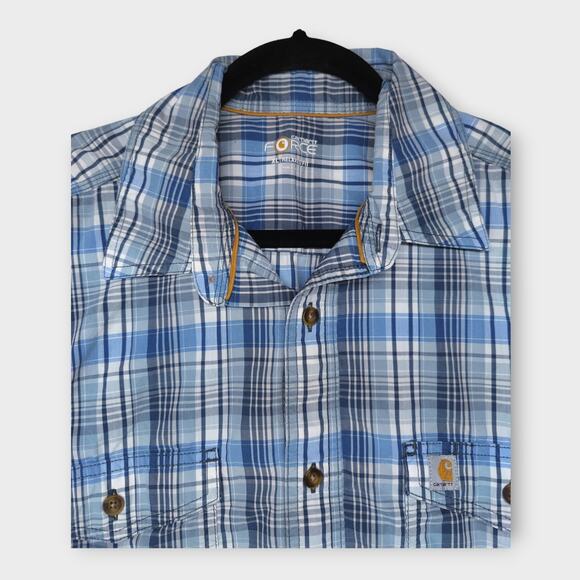 Men Carhartt FORCE Relaxed Fit Short Sleeve Button Up Blue & White Plaid Size XL - Picture 4 of 6